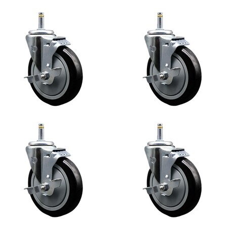 Service Caster 5'' Black Poly Swivel 7/16'' Grip Ring Stem Caster Set with Brake, 4PK SCC-GR20S514-PPUB-BLK-TLB-716138-4